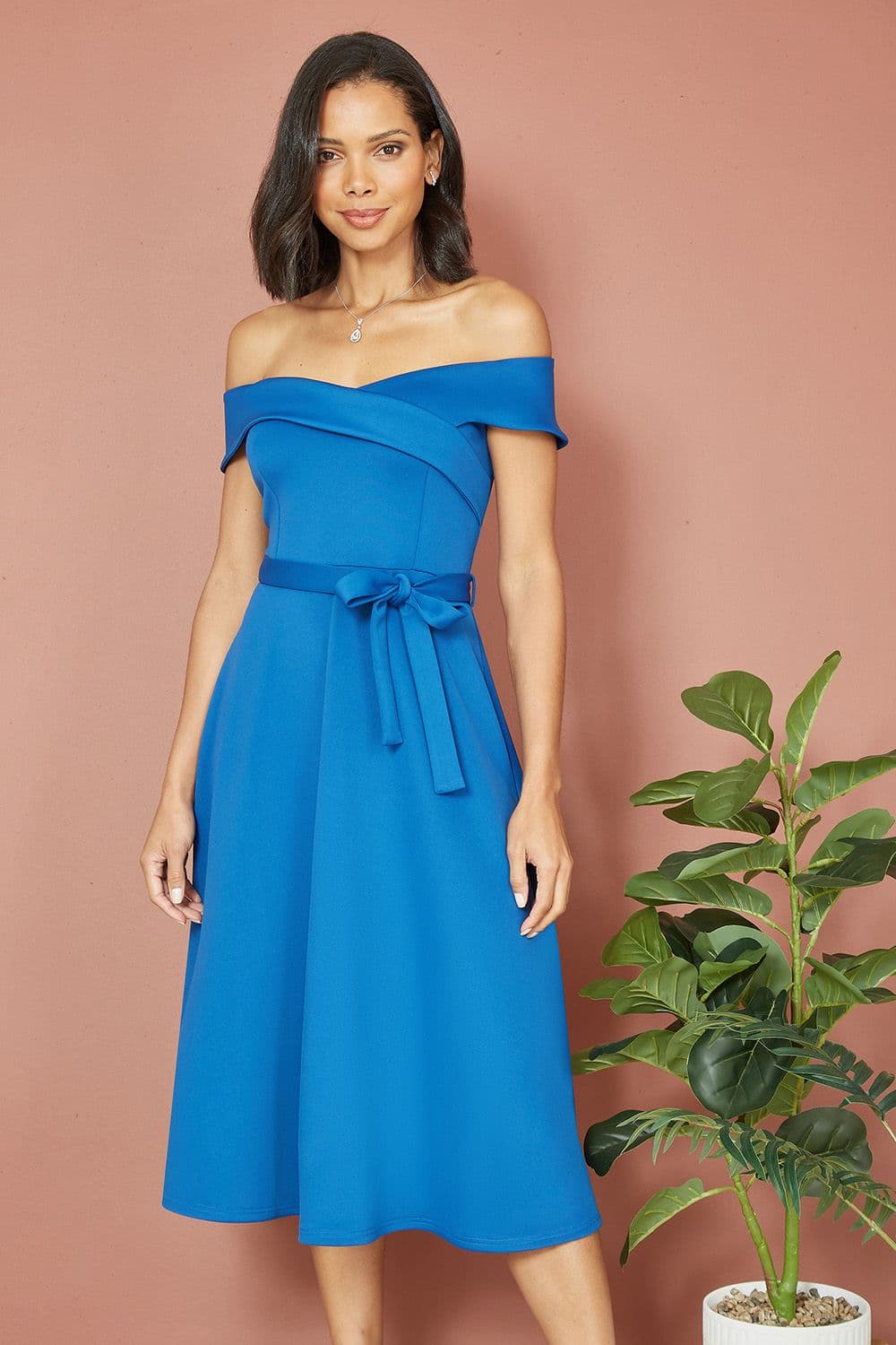 Blue Bardot Stretch Midi Skater Dress