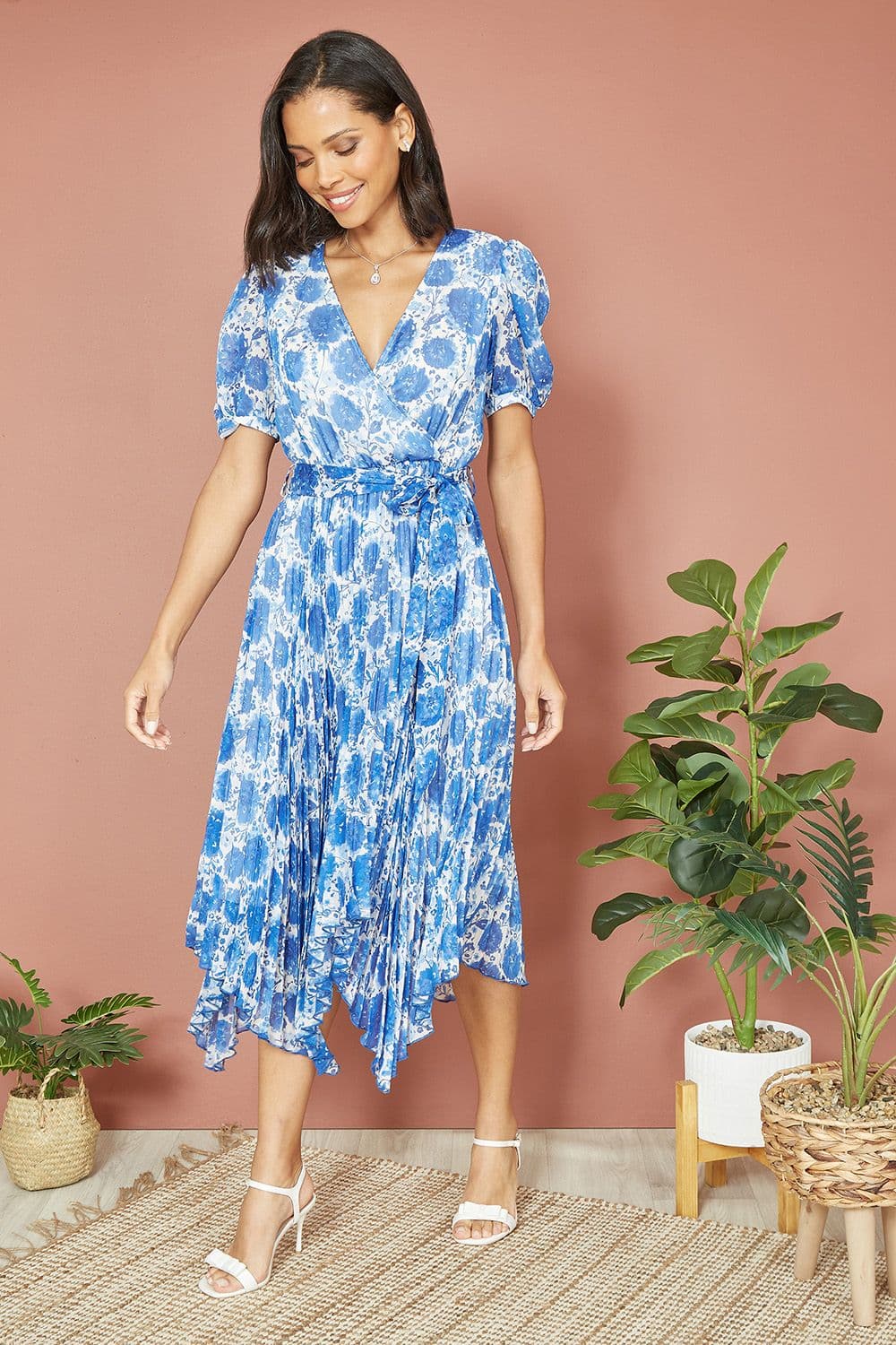 Blue Floral Pleated Midi Dress With Puff Sleeves