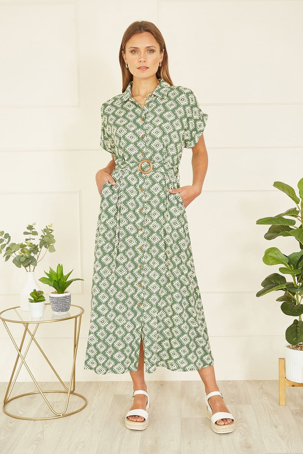 Yumi Women's Green Viscose Midi Shirt Dress With Matching Belt | Size: 16
