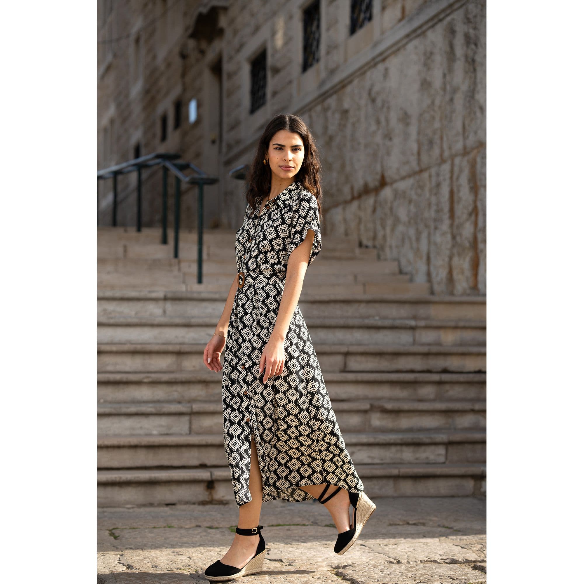 Yumi Women's Black Viscose Midi Shirt Dress With Matching Belt | Size: 10