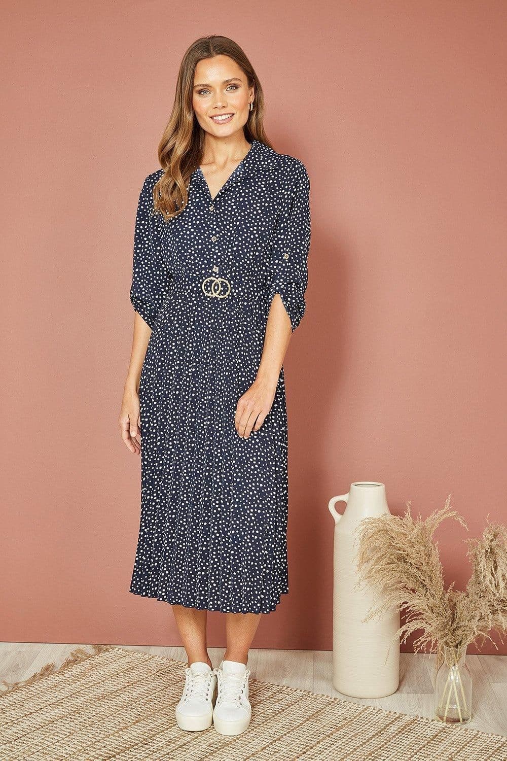 Spot Pleated Skirt Midi Dress Gold Buckle