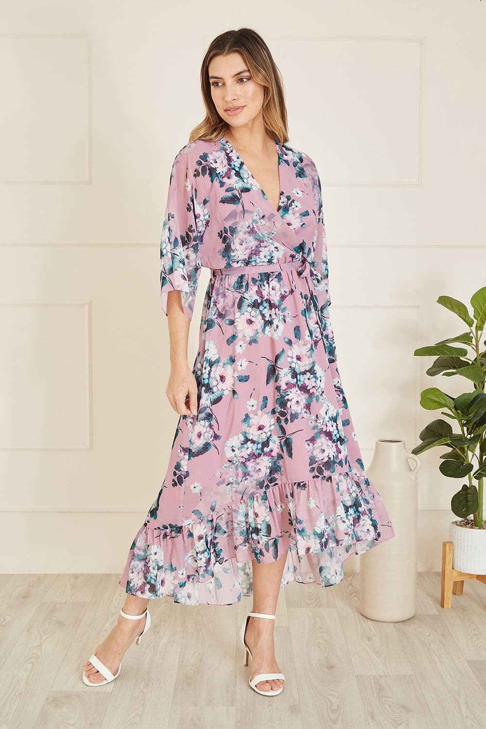 Blush Floral Kimono Dipped Hem Dress