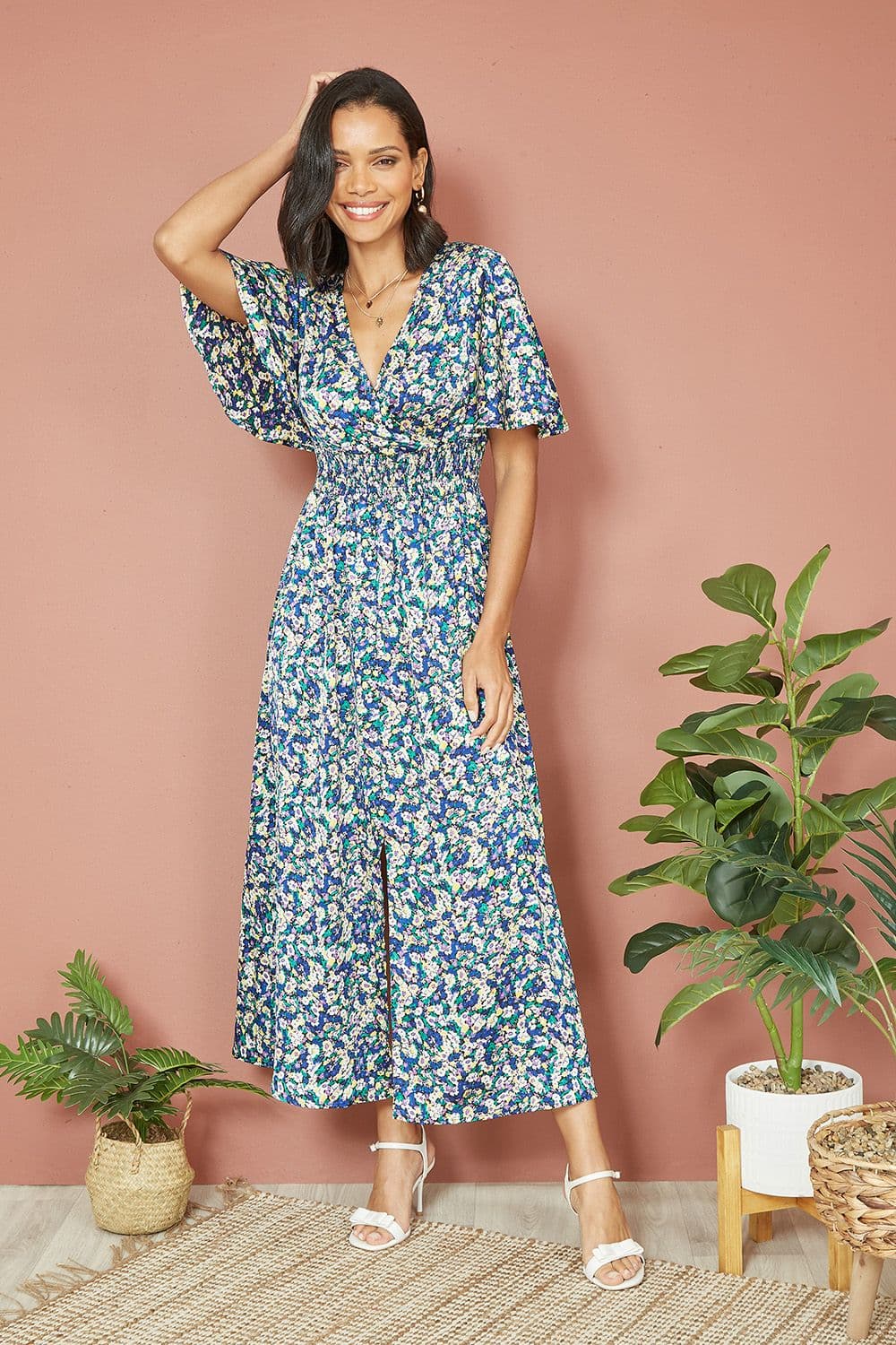 Blue Satin Ditsy Print Wrap Maxi Dress