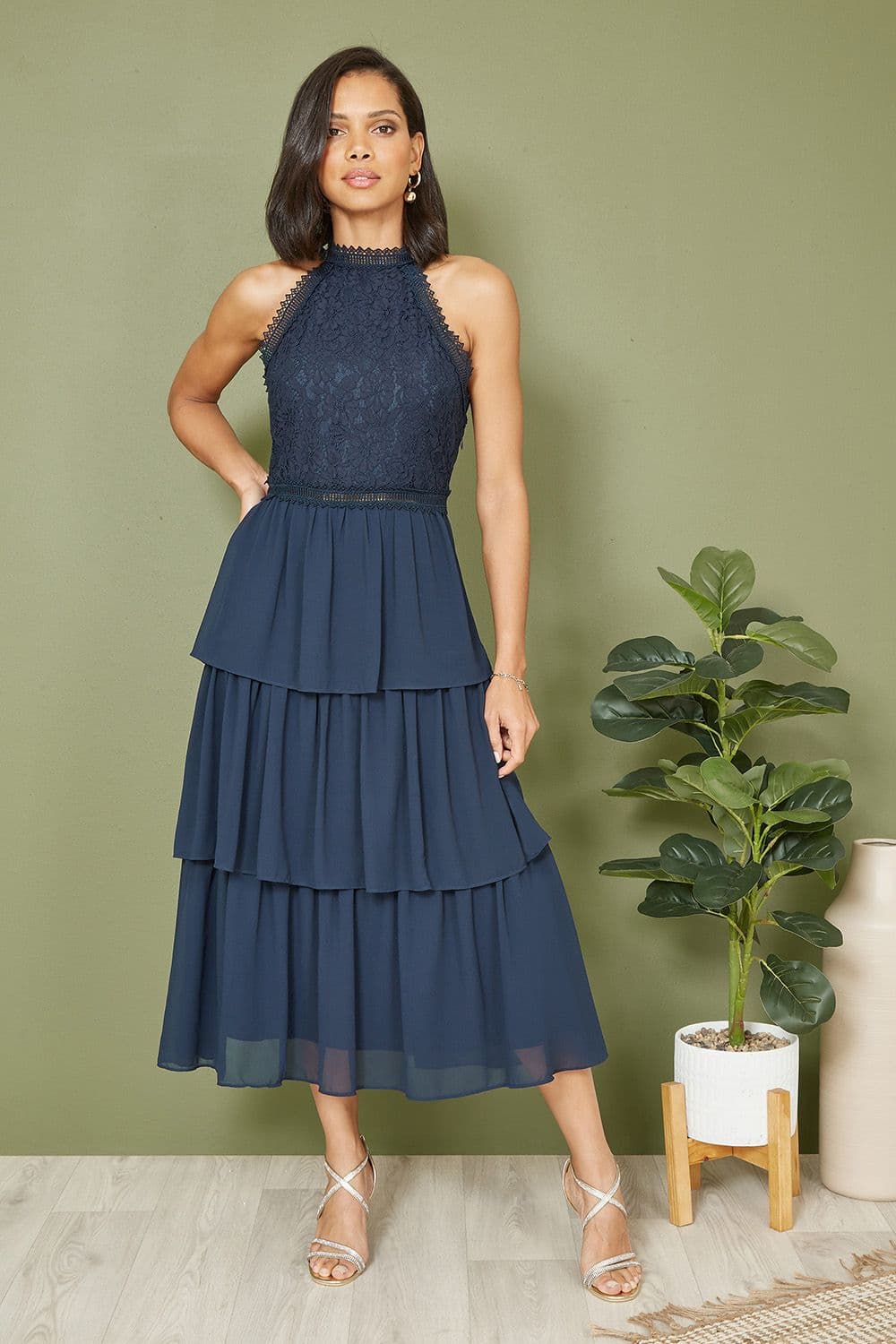 Navy Lace Halter Neck Midi Dress With Tiered Hem
