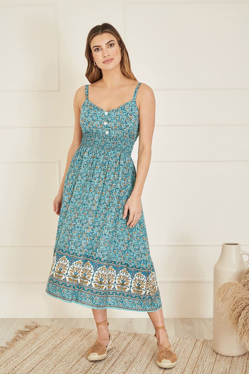 Green Border Floral Midi Sundress