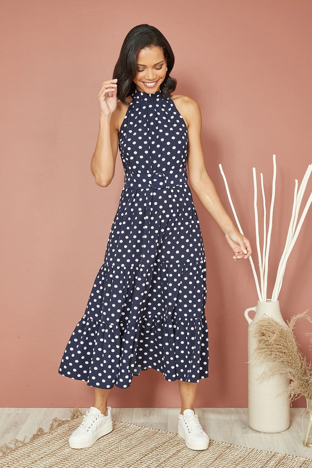 Navy Spot Print Halter Midi Dress With Matching Belt