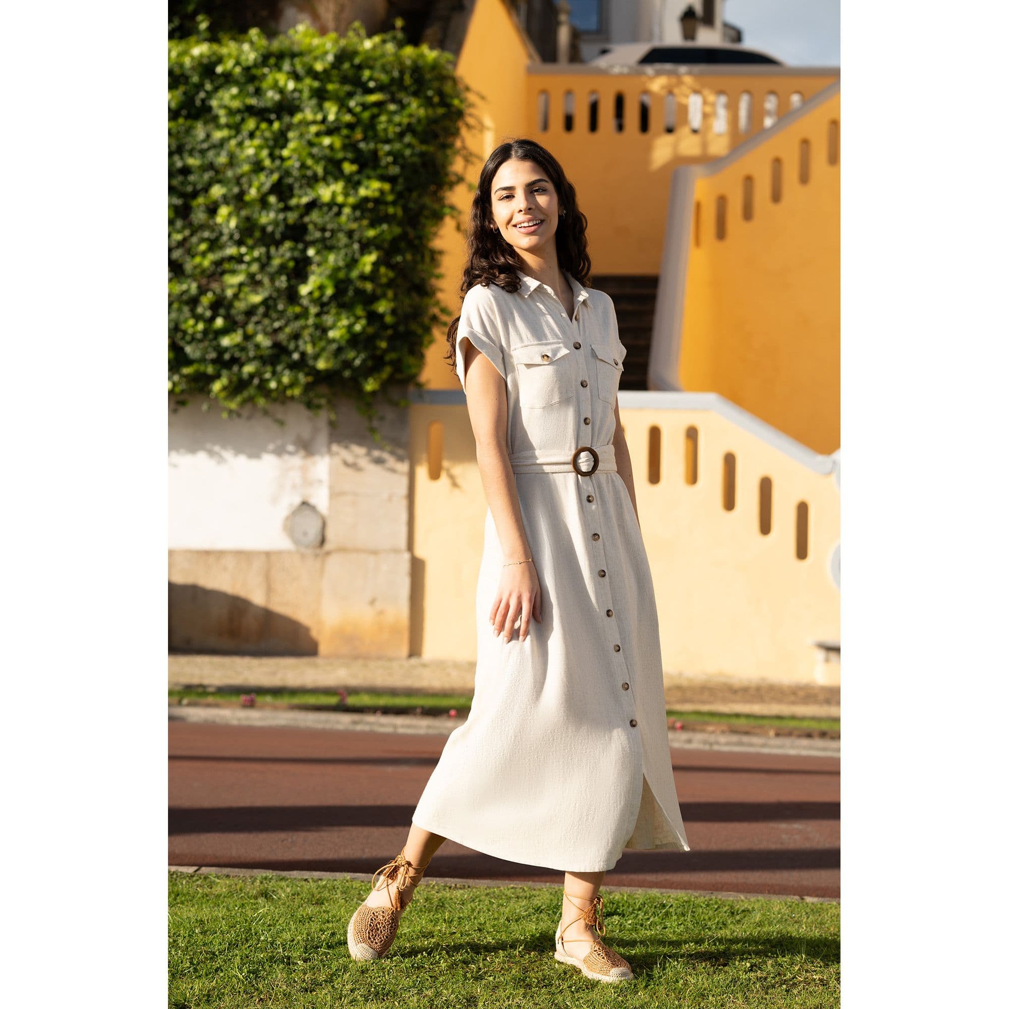 Yumi Women's Stone Viscose Linen Look Midi Shirt Dress With Wooden Belt in Natural | Size: 8