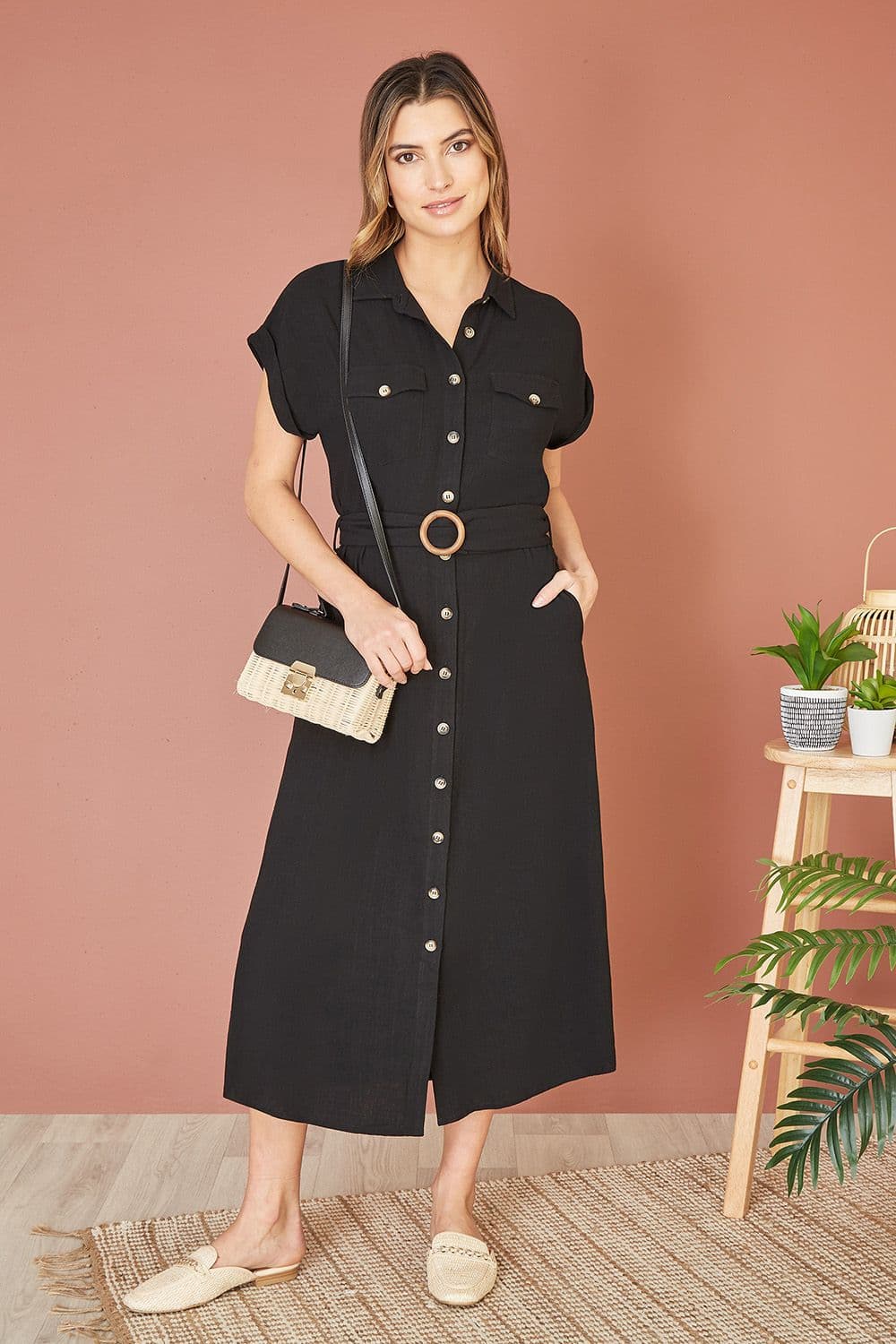Black Viscose Linen Look Midi Shirt Dress With Wooden Belt