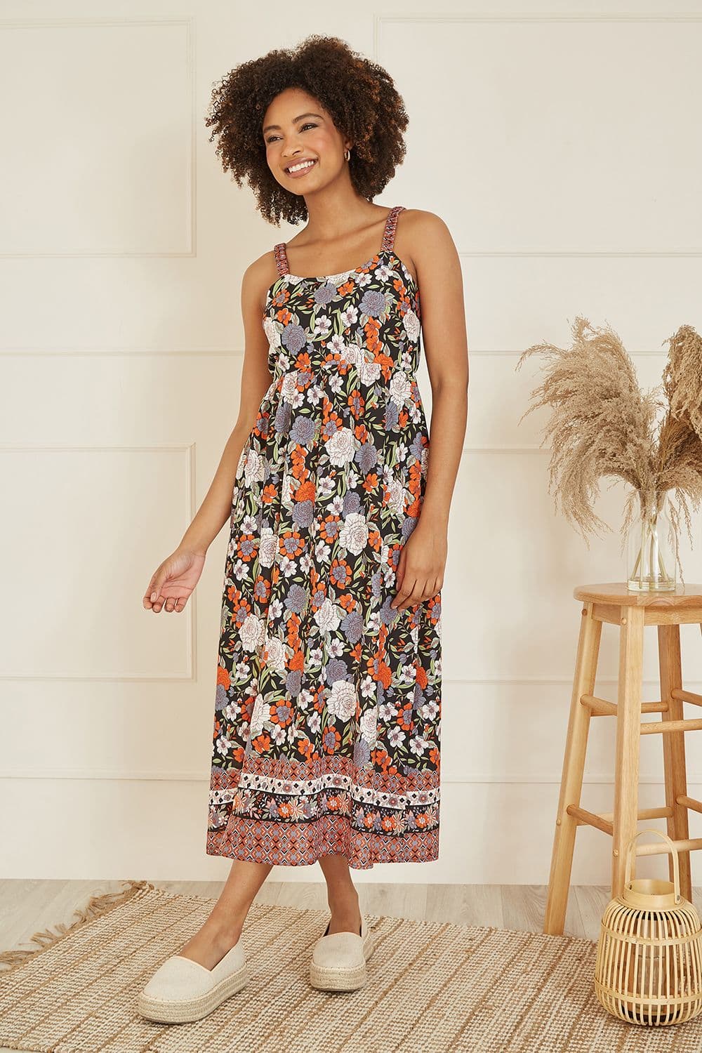 Multicolour Retro Floral Print Midi Sun Dress With Border Hem