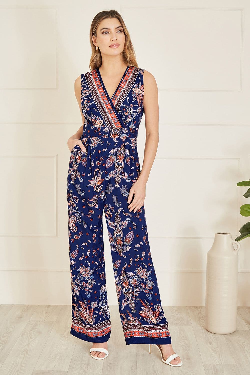 Navy Paisley Border Print Wrap Jumpsuit