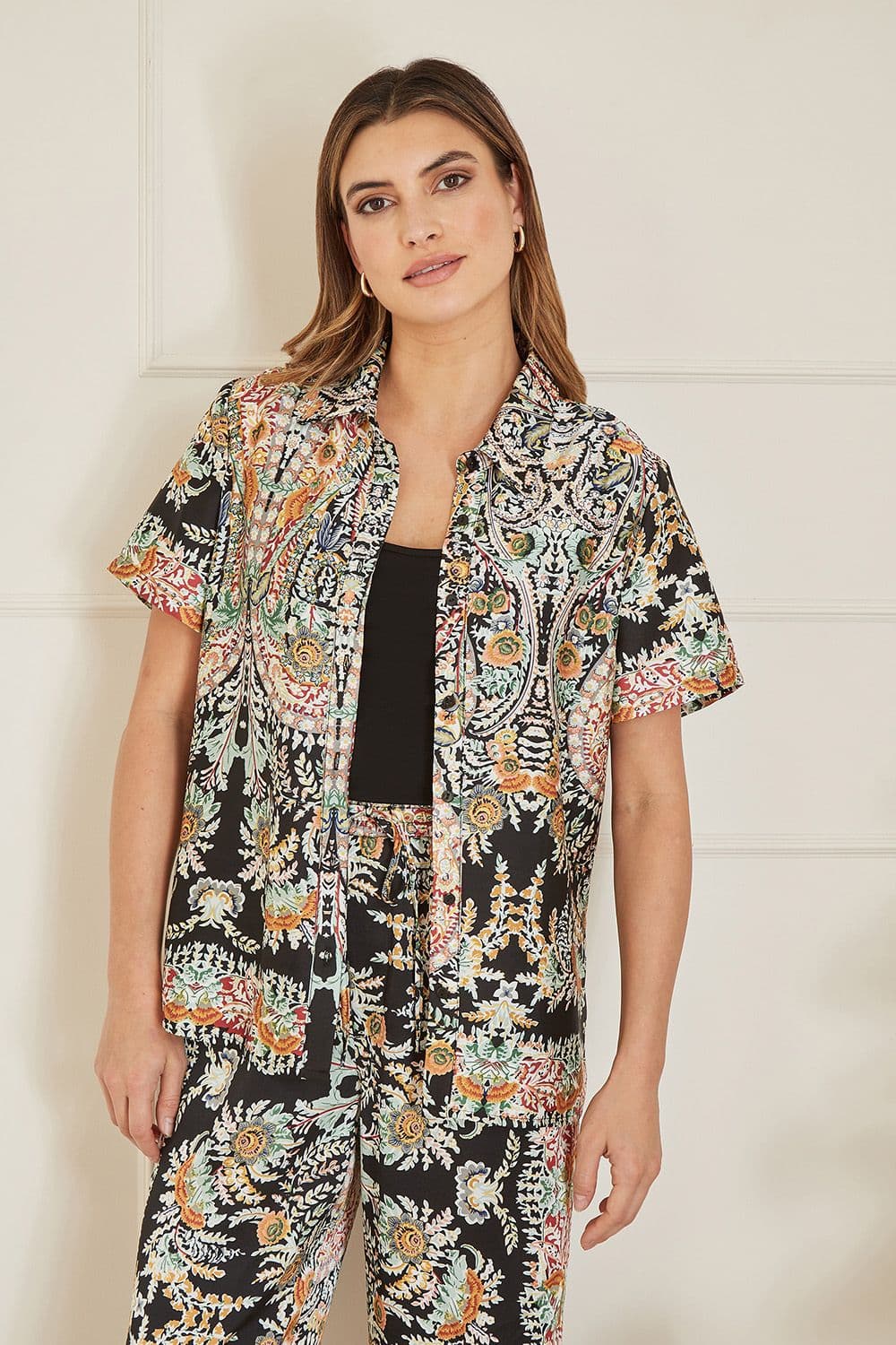 Black Satin Paisley Print Short Sleeve Shirt
