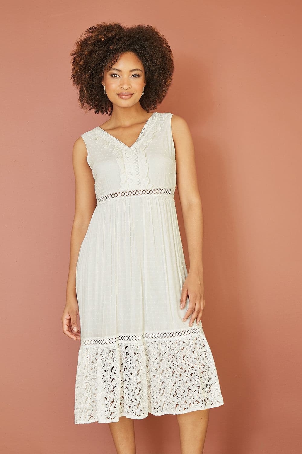 White Lace And Dobby Cotton Midi Dress