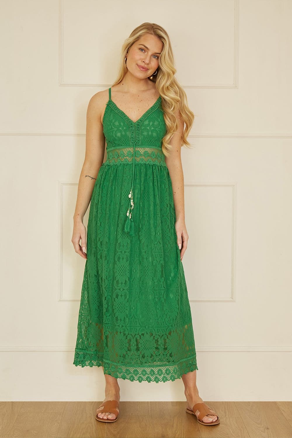Green Lace Midi Sundress With Tassel Tie and Ruched Back