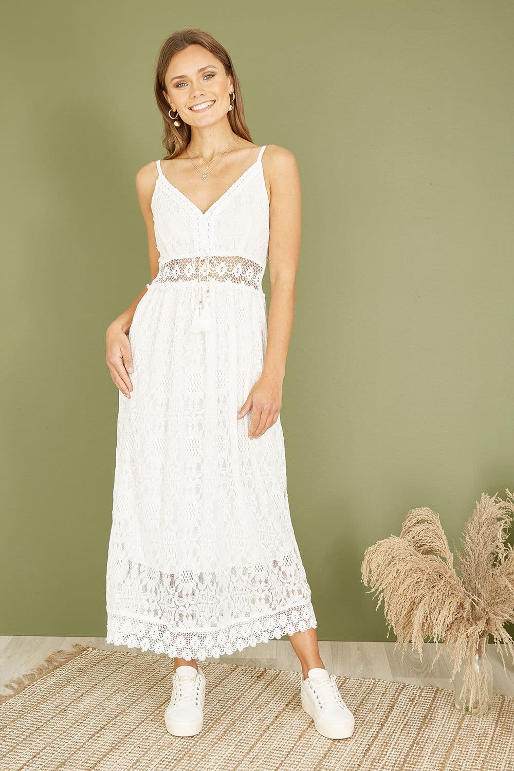 White Lace Midi Sundress With Tassel Tie and Ruched Back