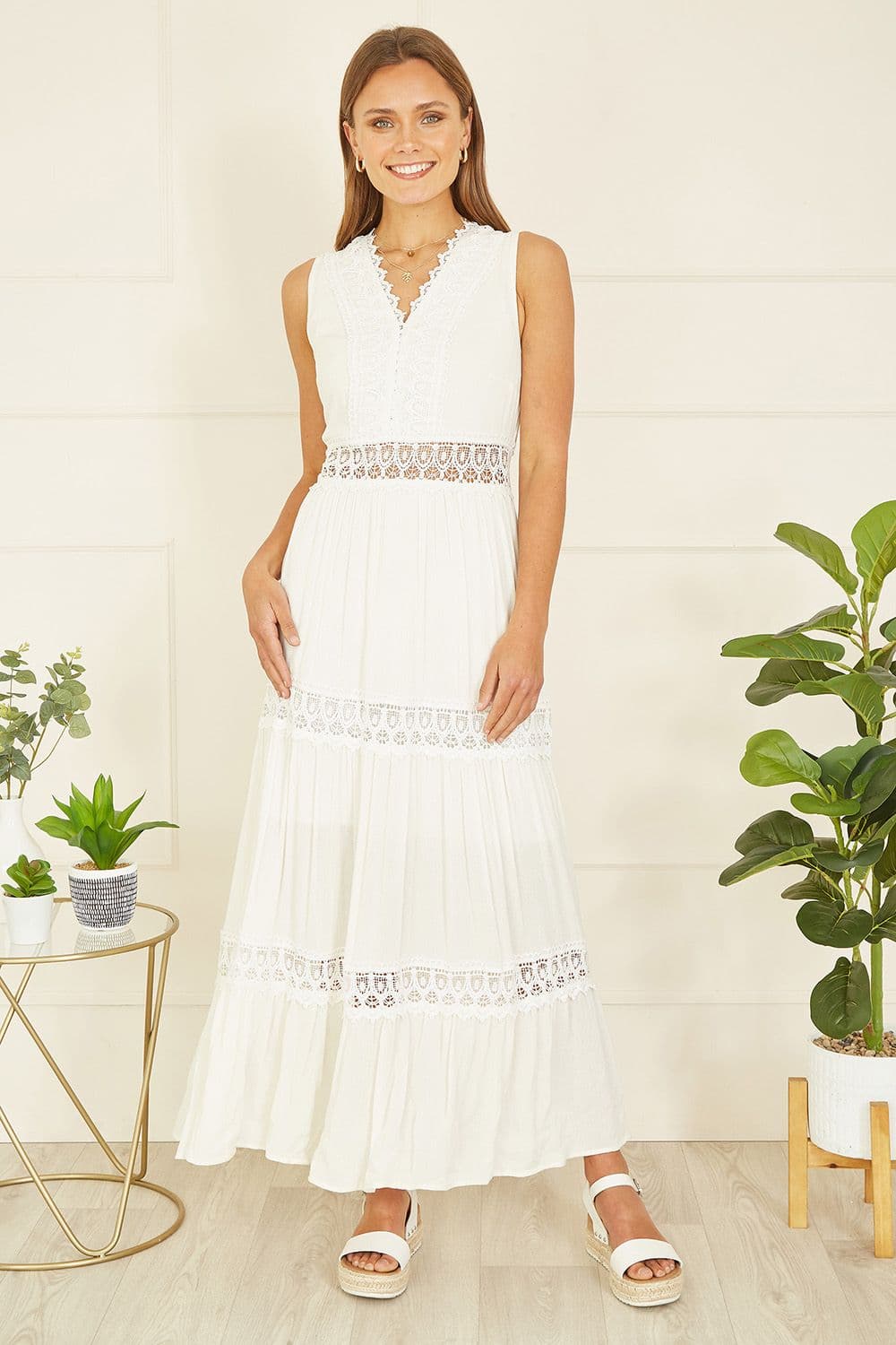 White Lace Trim Cotton Midi Sun Dress