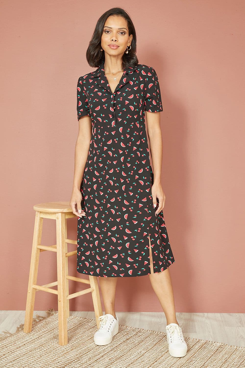 Black Recycled Watermelon Print Shirt Dress With Side Split