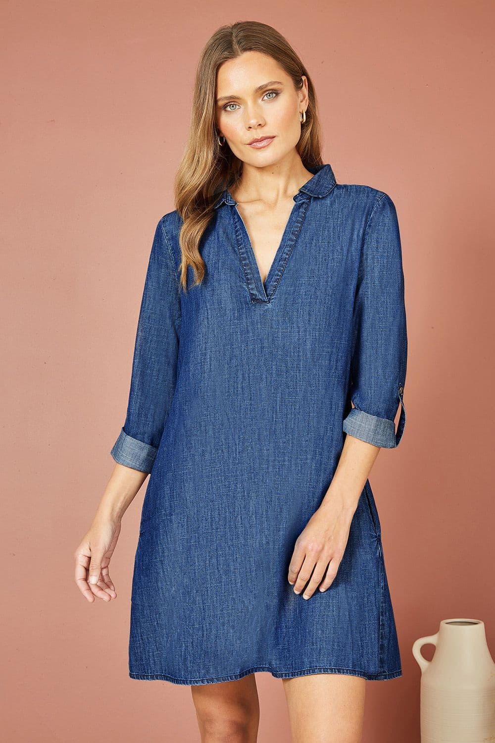Yumi Women's Blue Chambray Cotton Tunic With Pockets | Size: 8