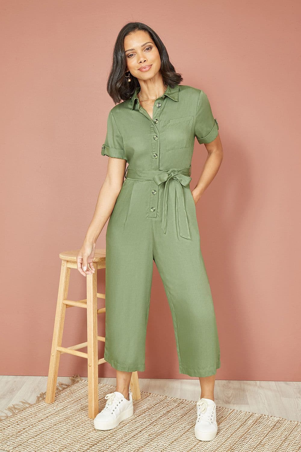 Yumi Women's Green Twill Viscose Utility Jumpsuit | Size: 14