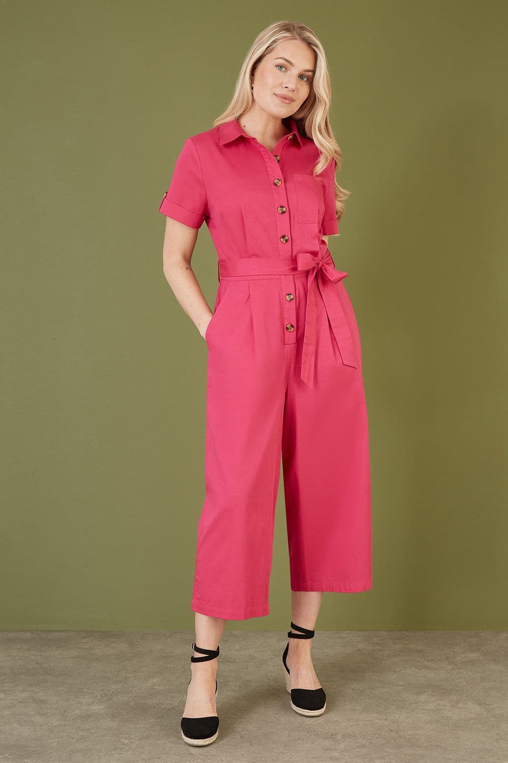 Yumi Women's Pink Viscose Twill Button Up Utility Style Jumpsuit | Size: 14