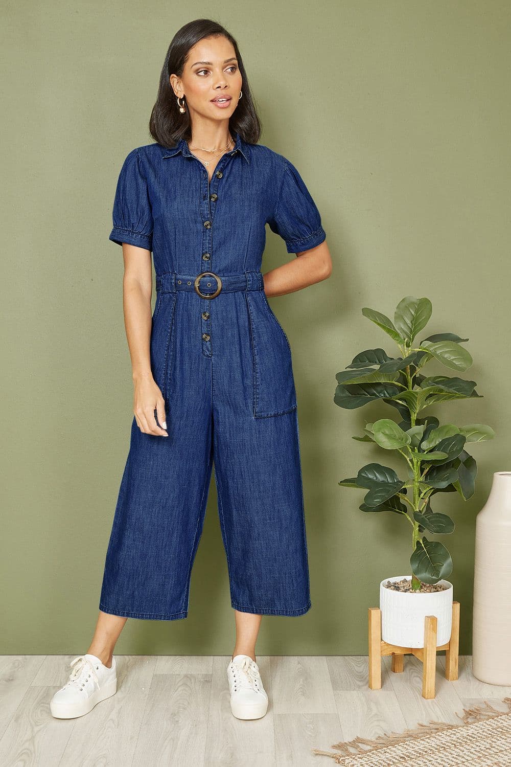 Yumi Women's Blue Cotton Chambray Button Up Jumpsuit | Size: 16