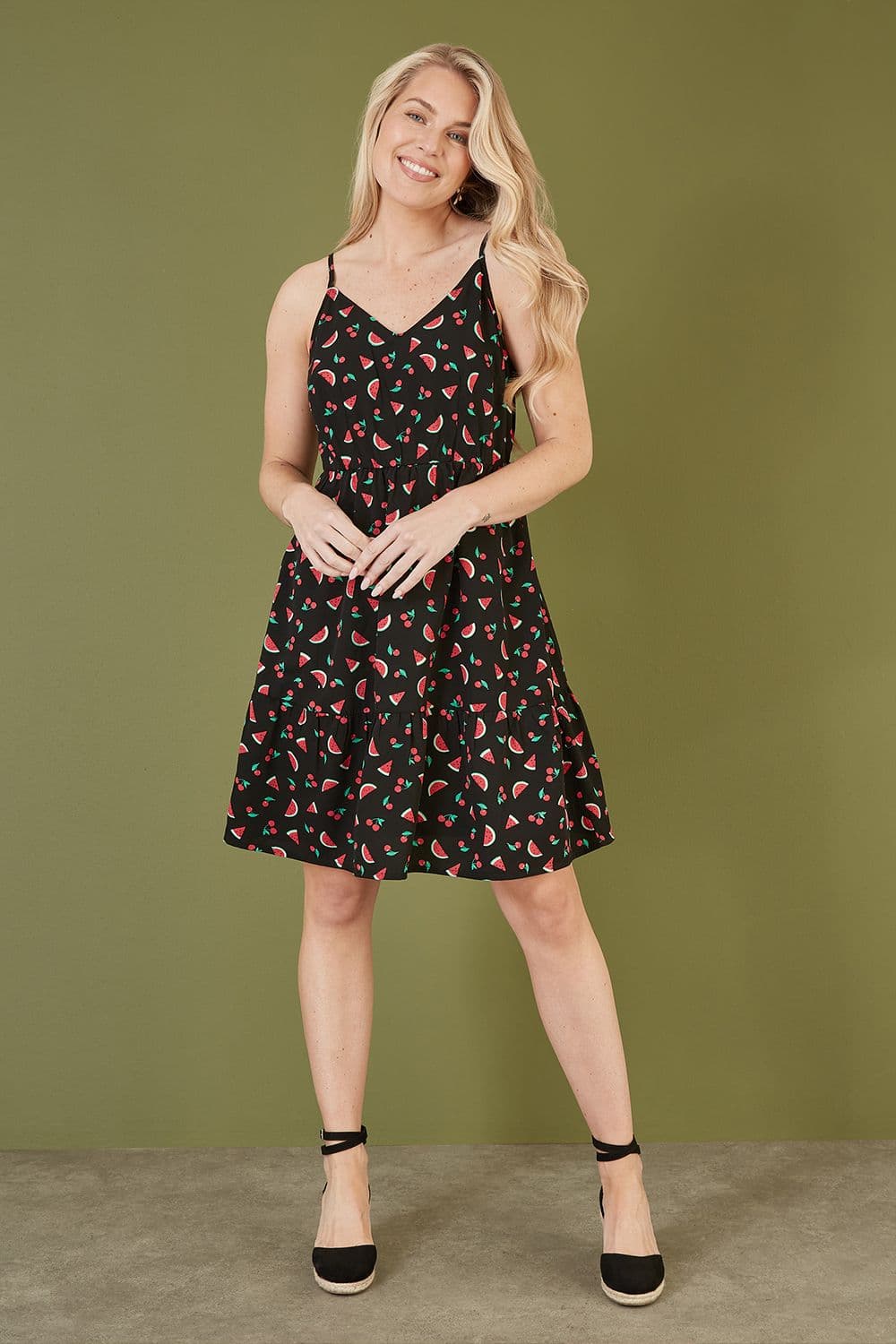 Black Recycled Fabric Watermelon Print Sundress