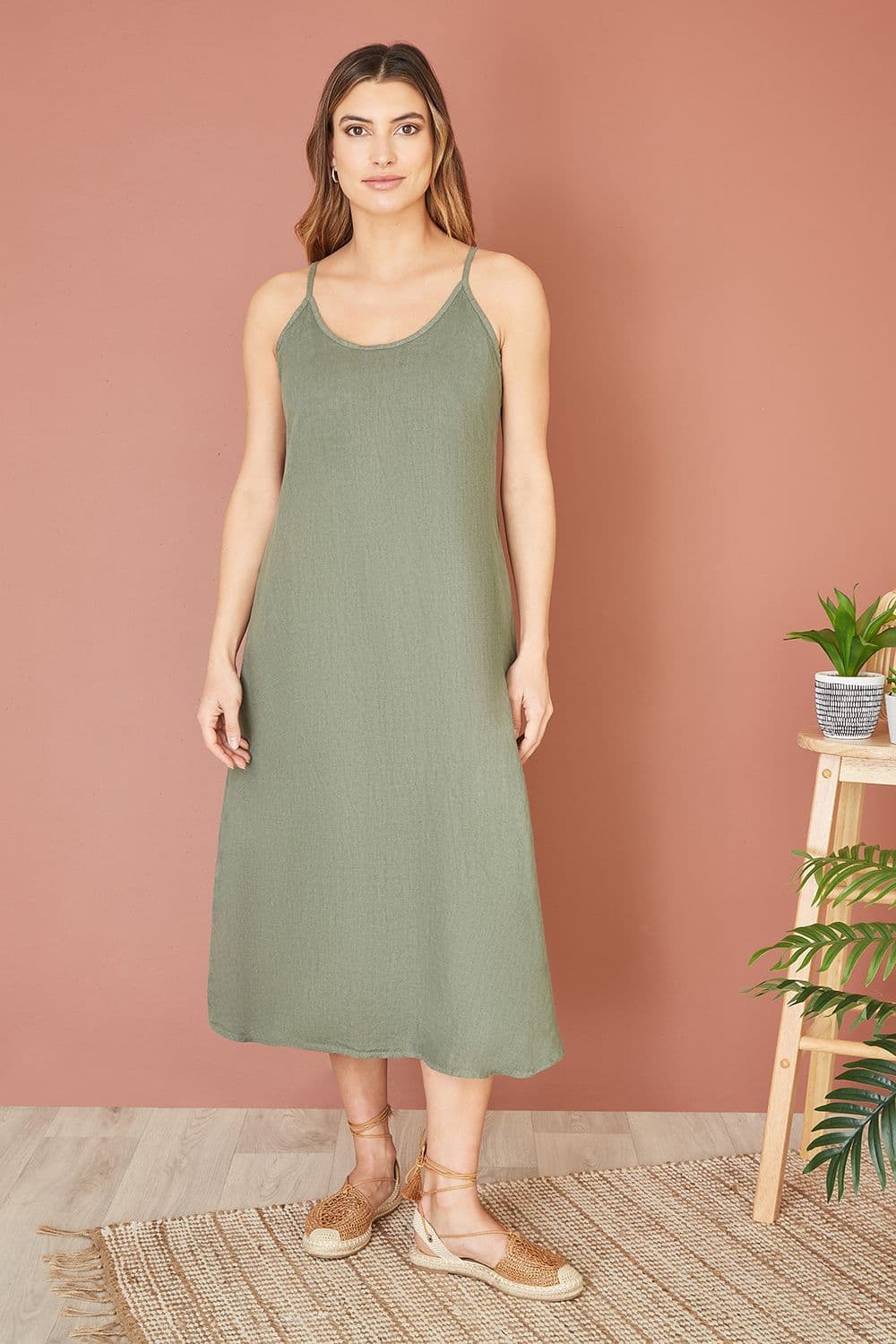 Green Italian Linen Relaxed Fit Midi Sundress