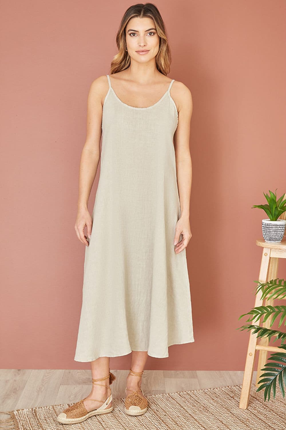 Stone Italian Linen Relaxed Fit Midi Sundress