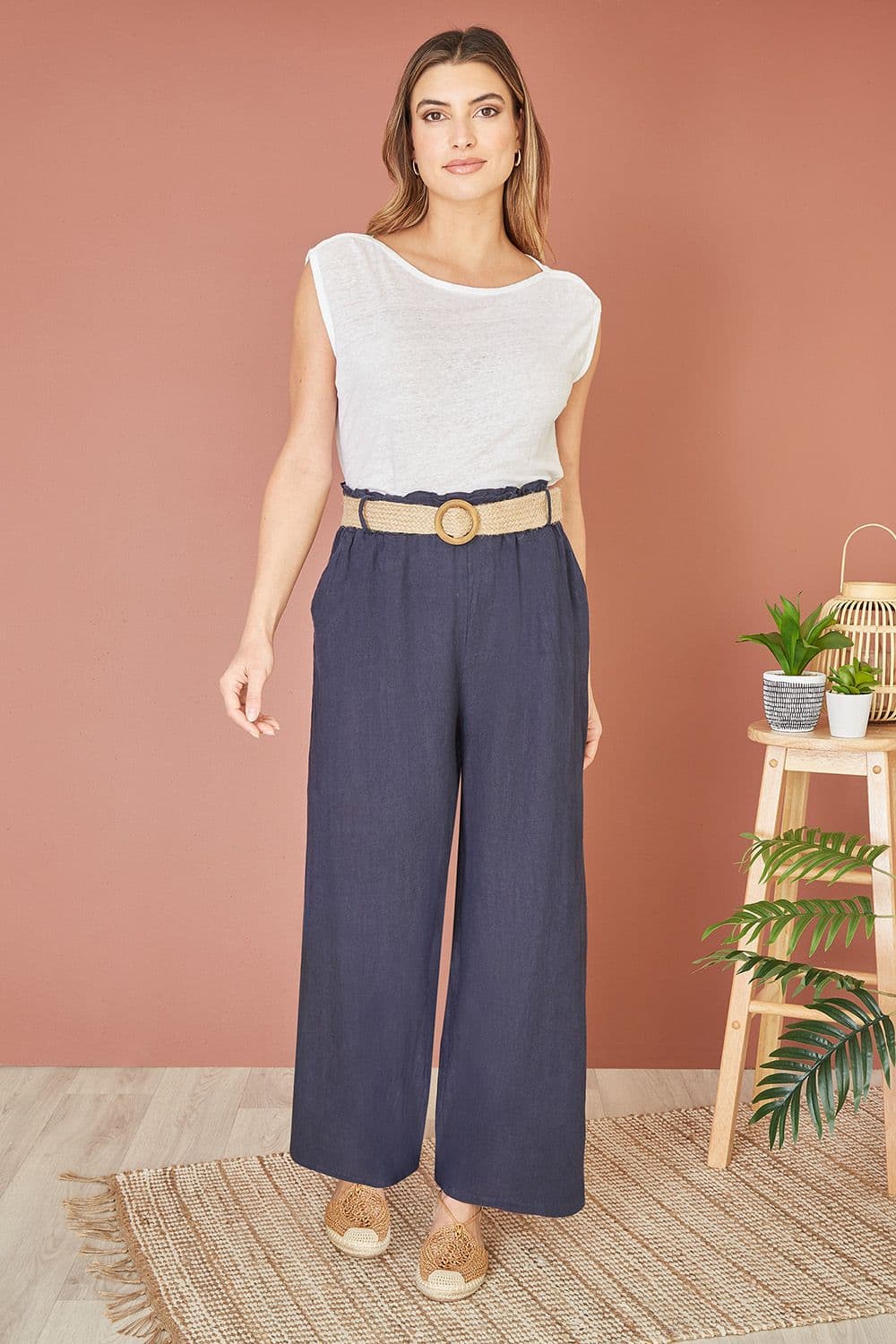 Navy Italian Linen Wide Leg Trousers With Belt