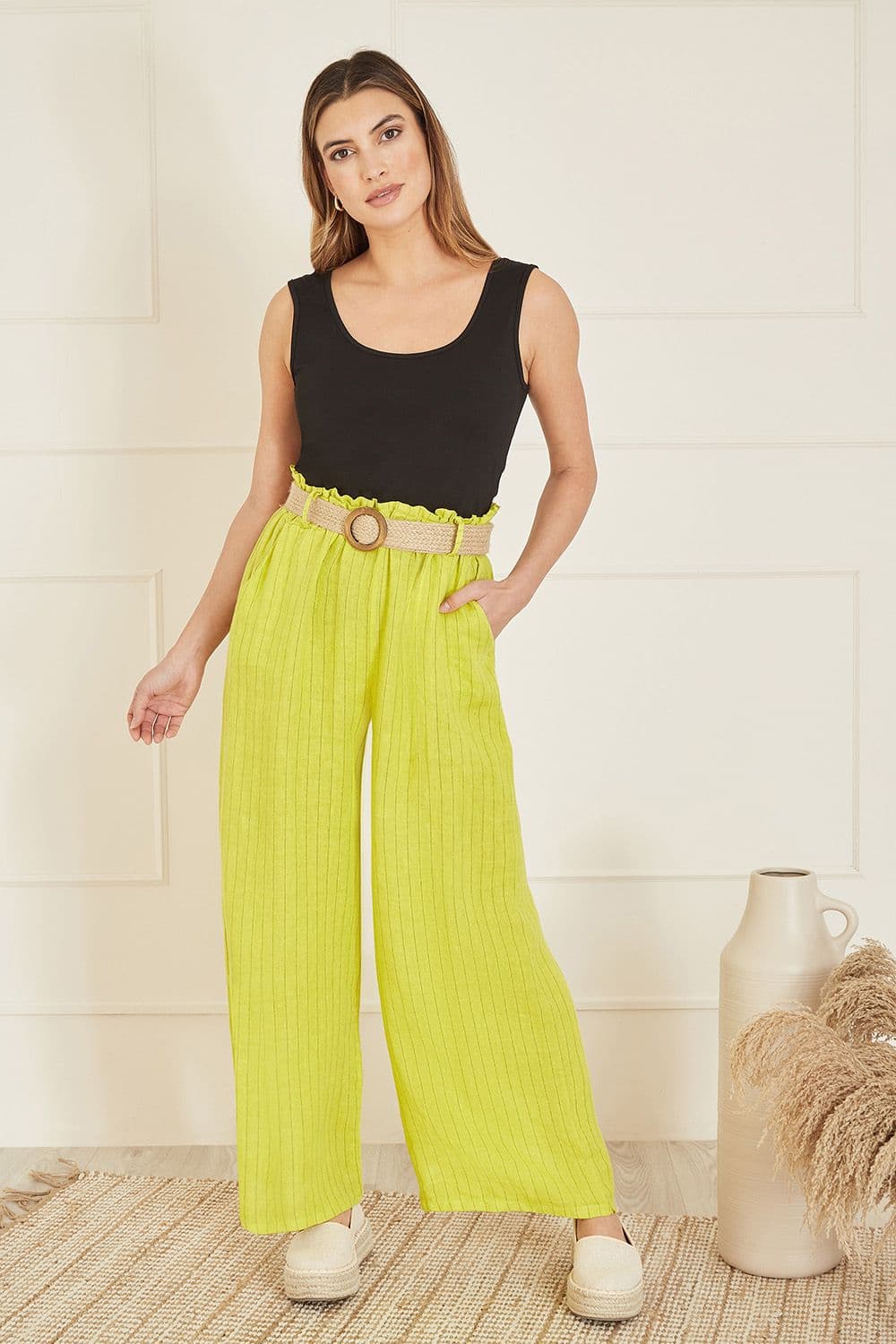 Lime Striped Italian Linen Wide Leg Trousers With Belt