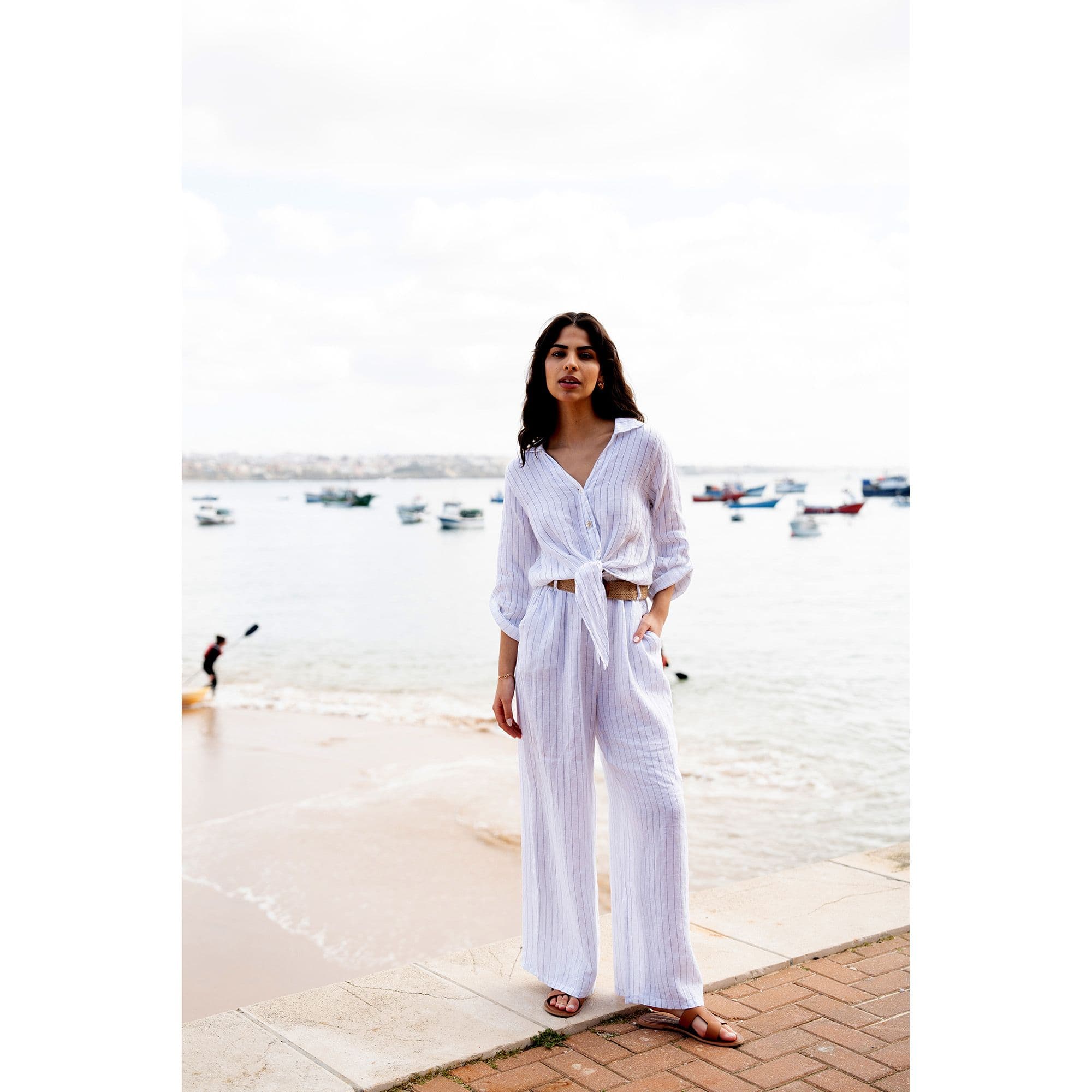 White Striped Italian Linen Wide Leg Trousers With Belt