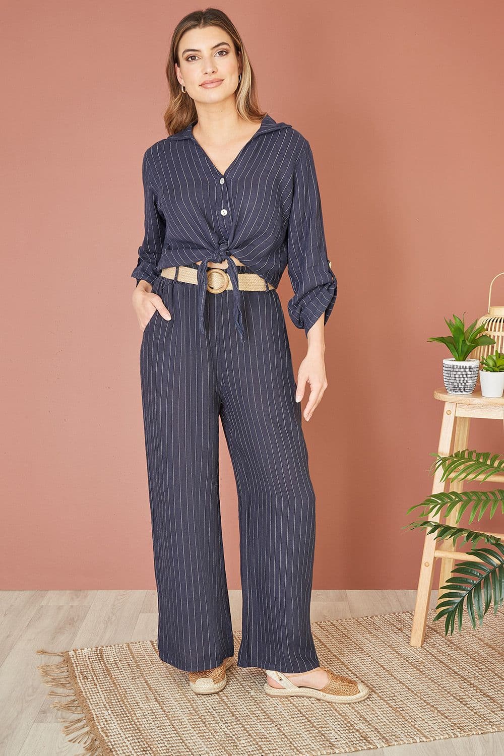 Navy Striped Italian Linen Wide Leg Trousers With Belt