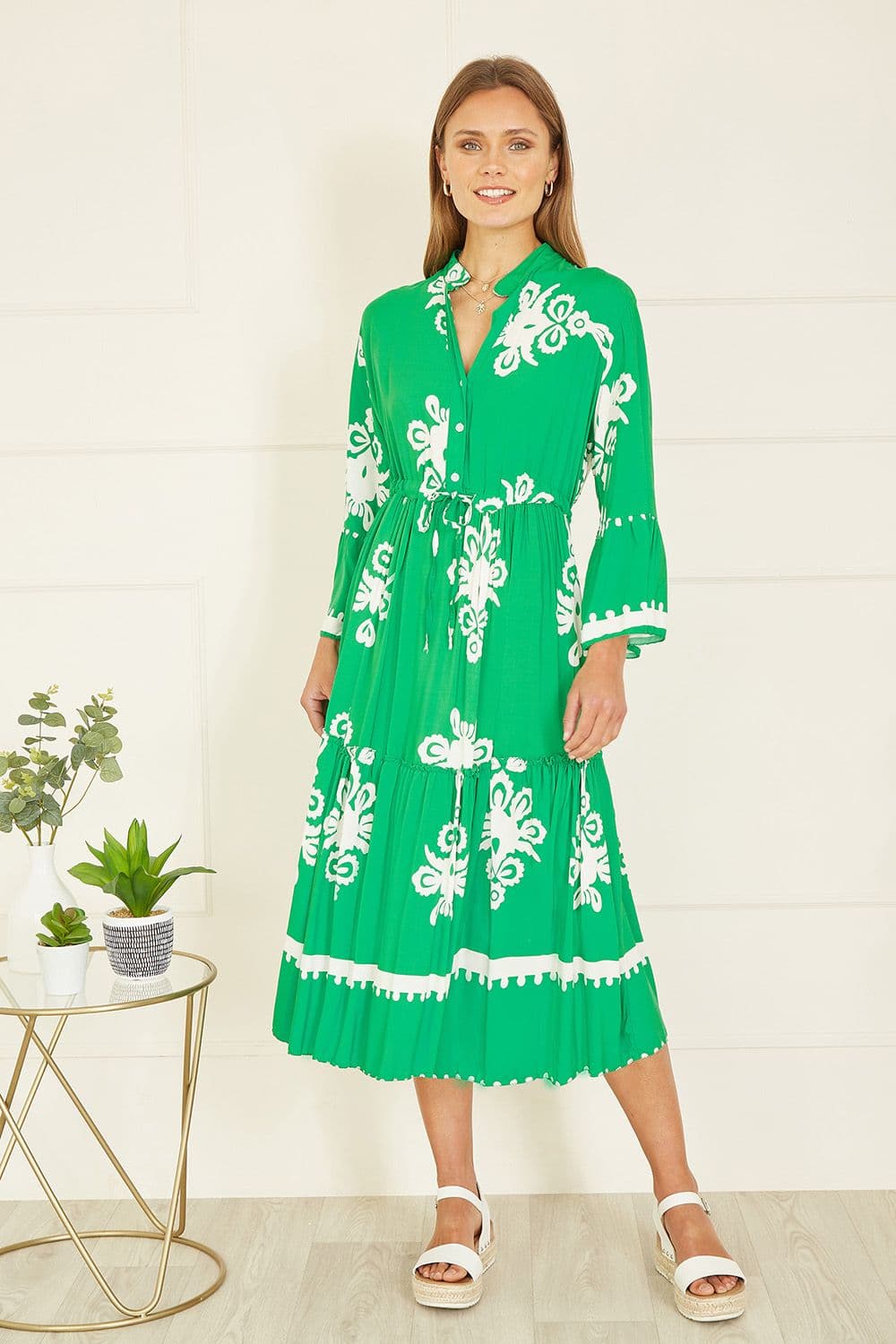 Green Viscose Midi Dress With Long Sleeves