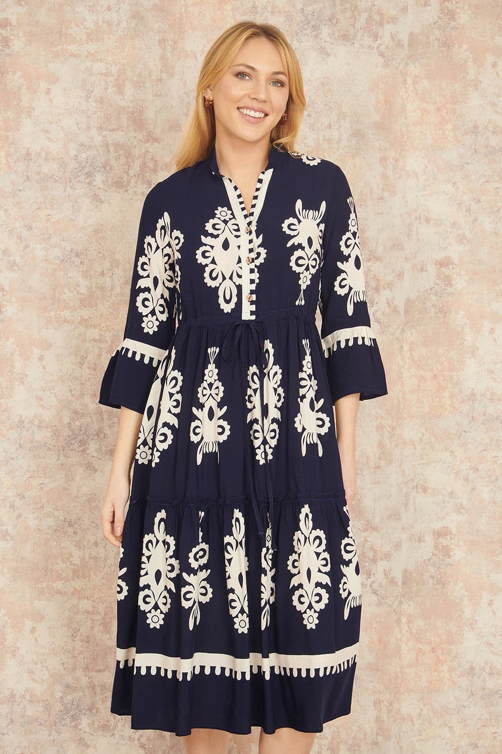 Yumi Women's Navy Viscose Midi Dress With Long Sleeves | Size: 12