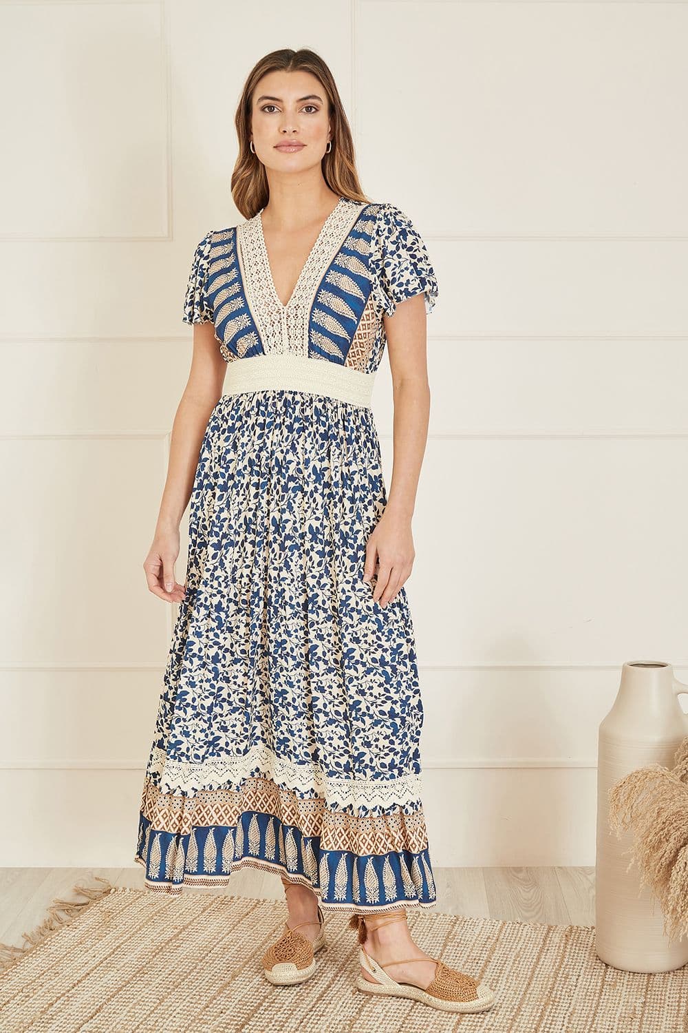 Navy Viscose Leaf Print Maxi Dress With Lace Trim