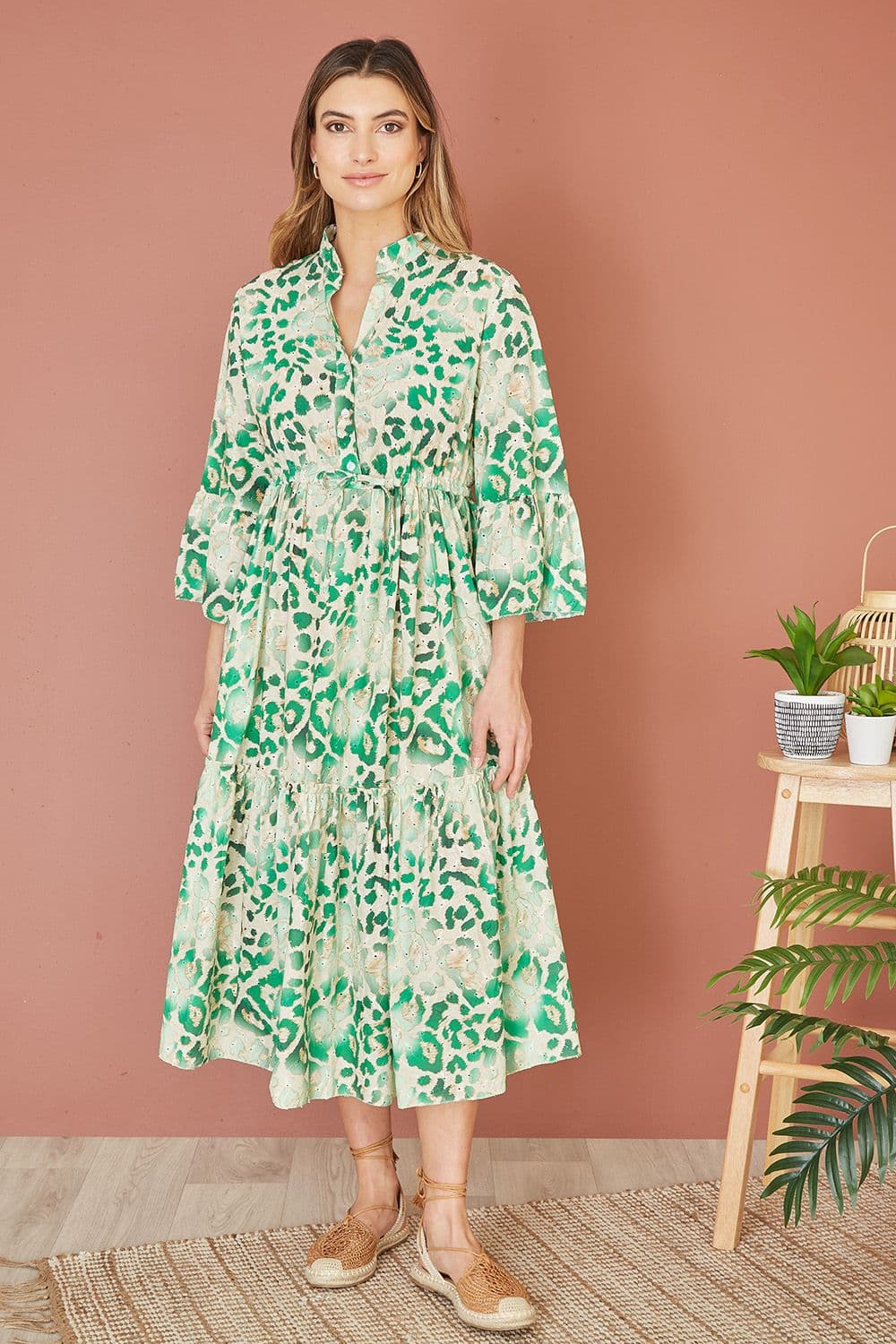 Green Animal Print Broderie Anglaise Cotton Midi Shirt Dress