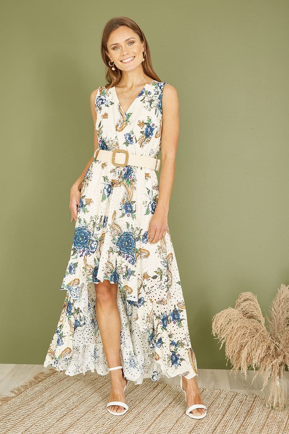 Yumi Women's Ivory Floral Print Broderie Anglaise Cotton Dip Hem Midaxi Dress in White | Size: Small