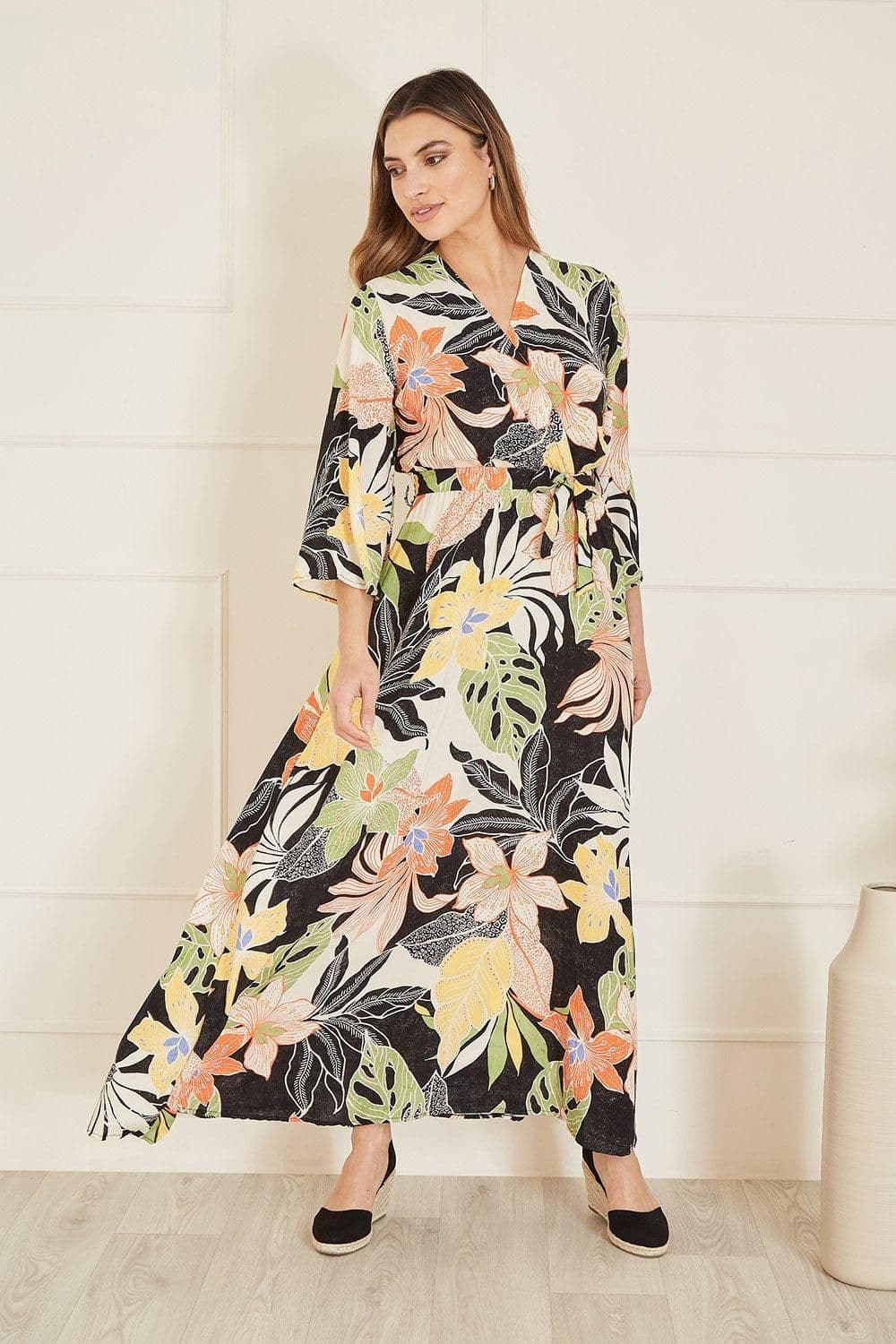 Tropical Print Wrap Midi Dress