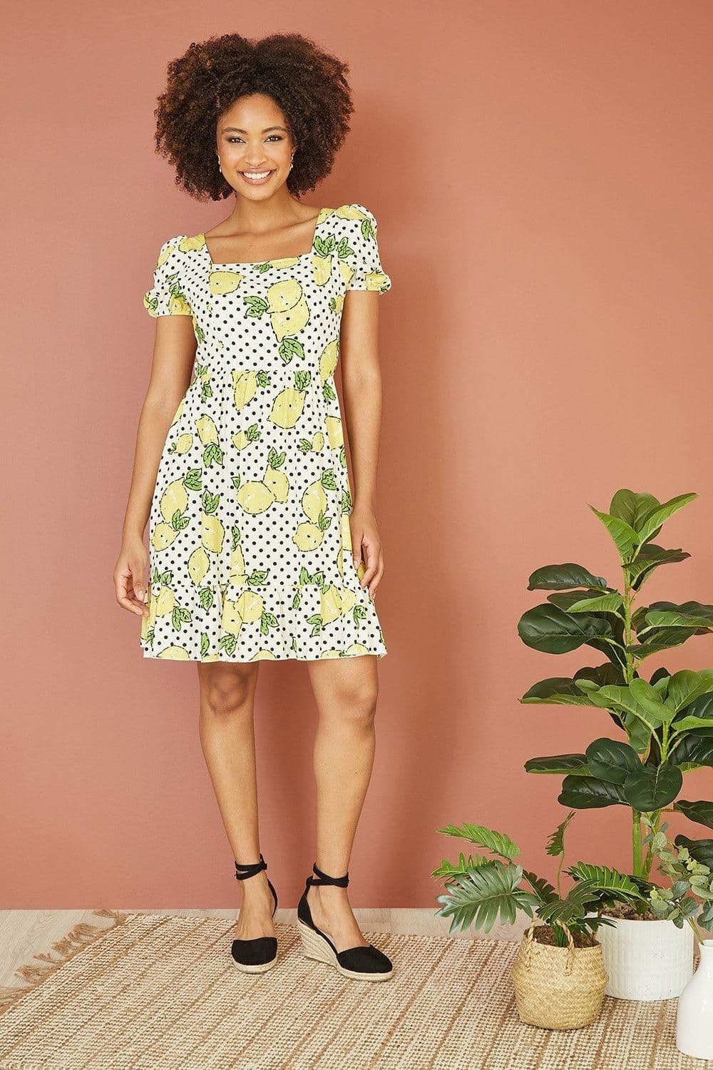 Viscose Lemon Print Skater Dress Balloon Sleeves