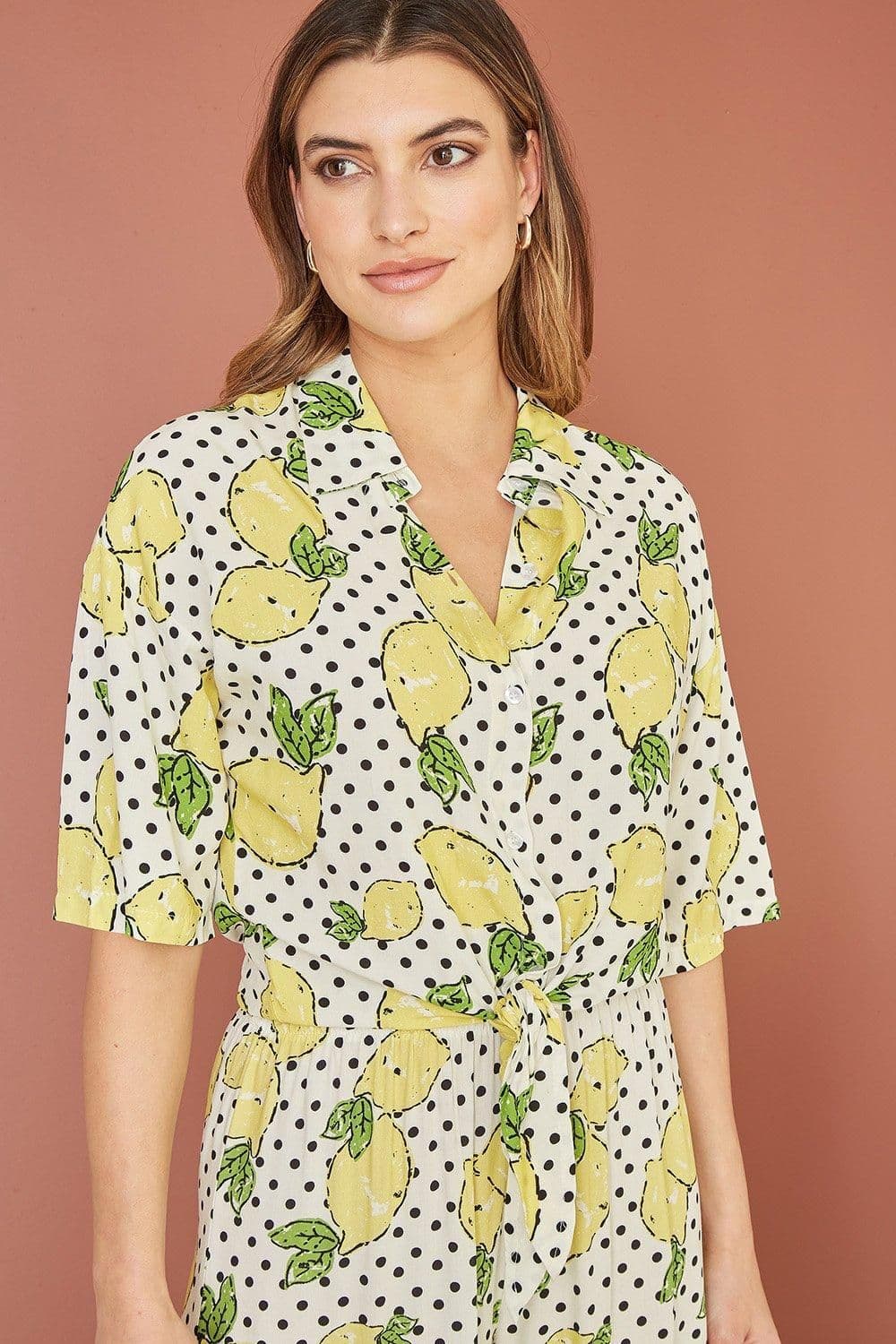 Viscose Lemon Print Tie Shirt