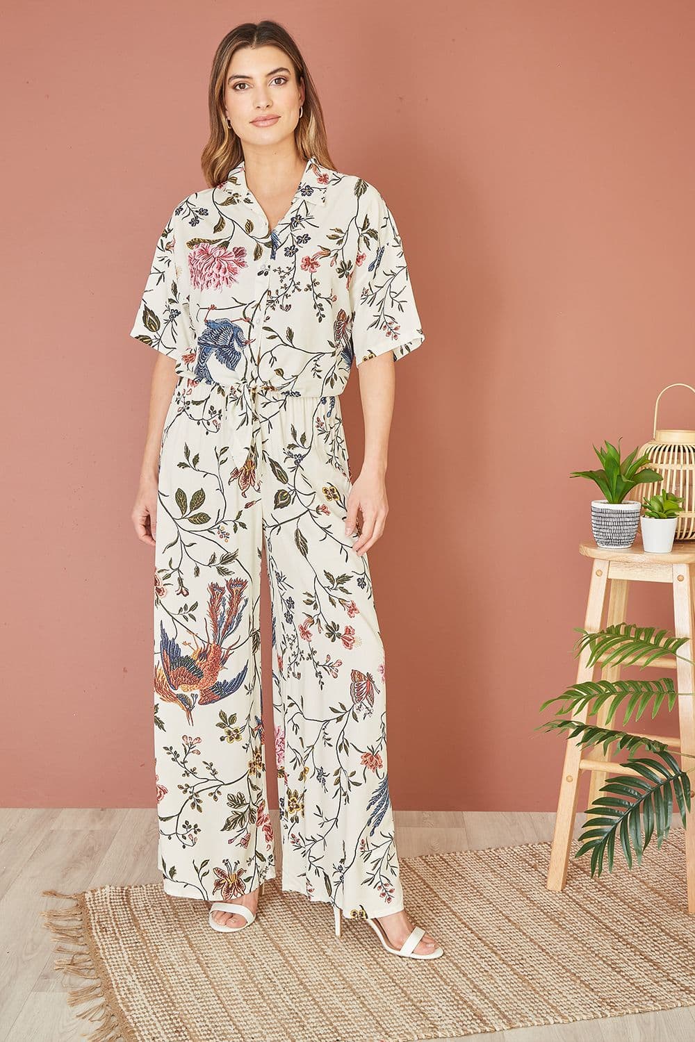 White Viscose Bird And Floral Print Tie Front Shirt