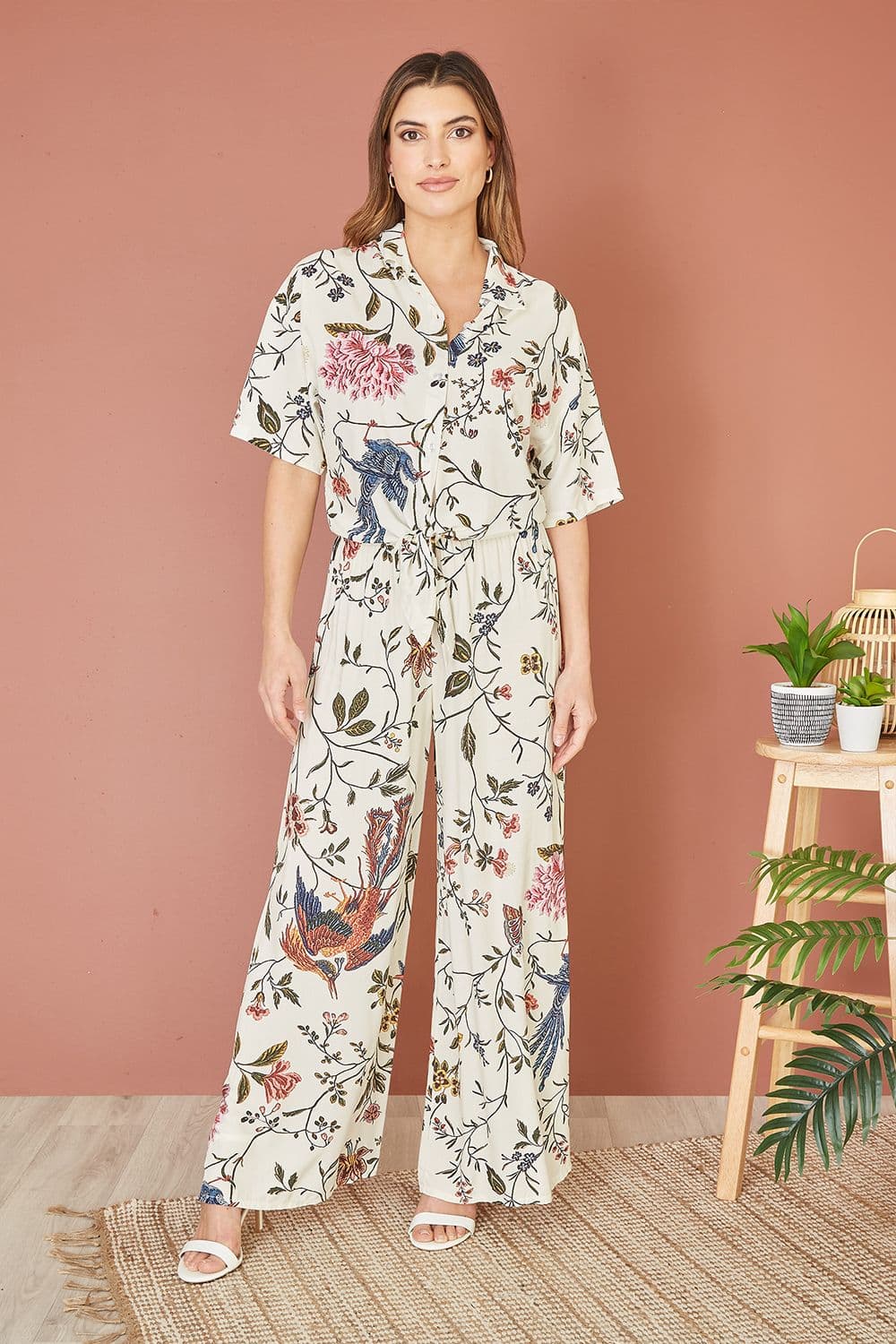 White Viscose Bird And Floral Print Wide Leg Trousers