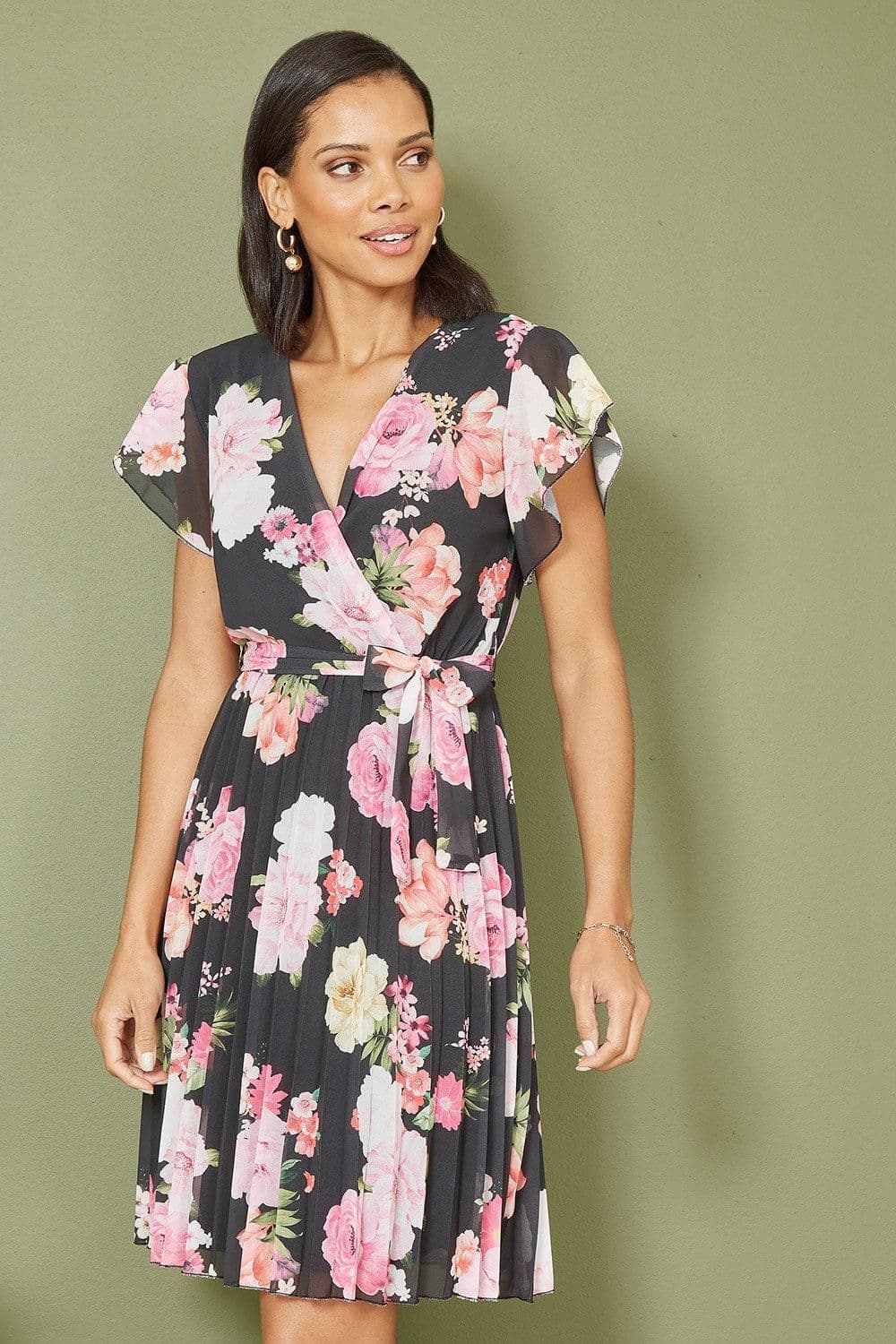 Floral Print Pleated Wrap Skater Dress