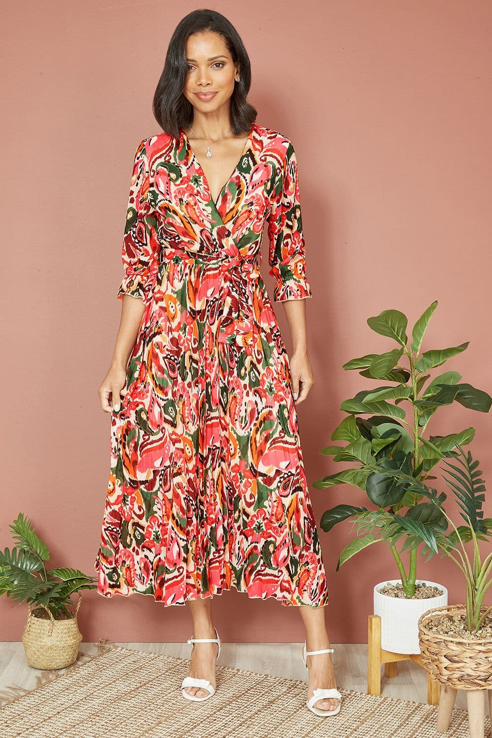 Pink Paisley Pleated Midi Dress With Pleats