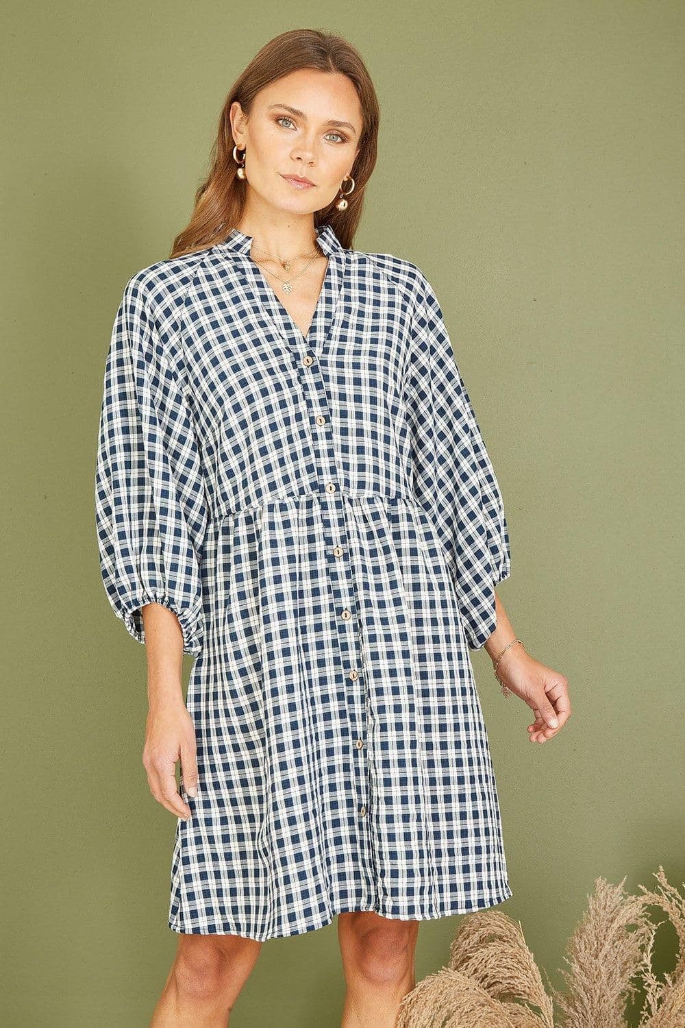 Cotton Checked Button Through Tunic Dress