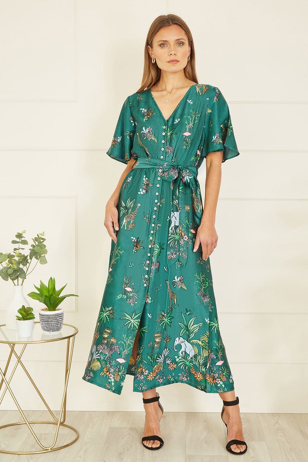 Green Satin Animal Safari Print Midi Shirt Dress