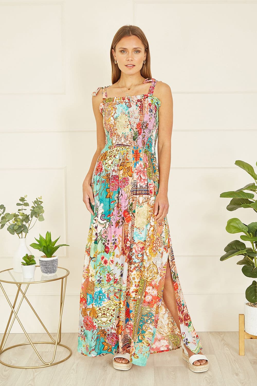 Multicolour Patchwork Split Hem Maxi Dress With Tie Straps