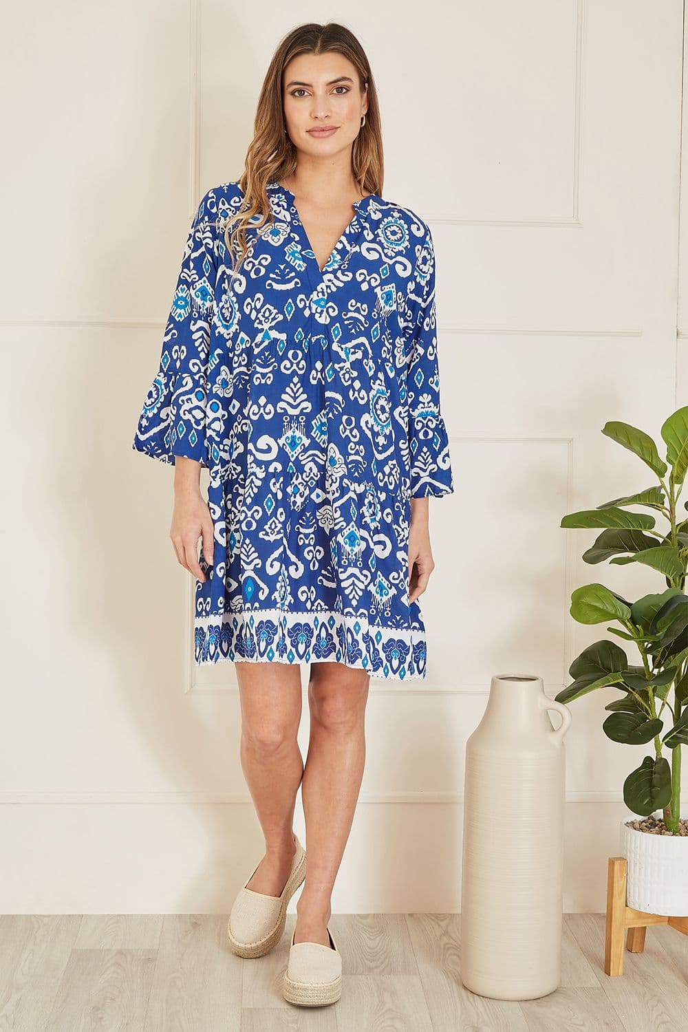 Blue Ikat Print 3/4 Sleeve Tunic Dress