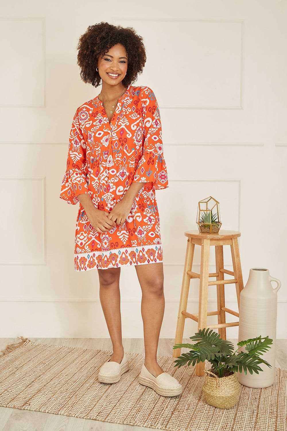 Orange Ikat Print 3/4 Sleeve Tunic Dress
