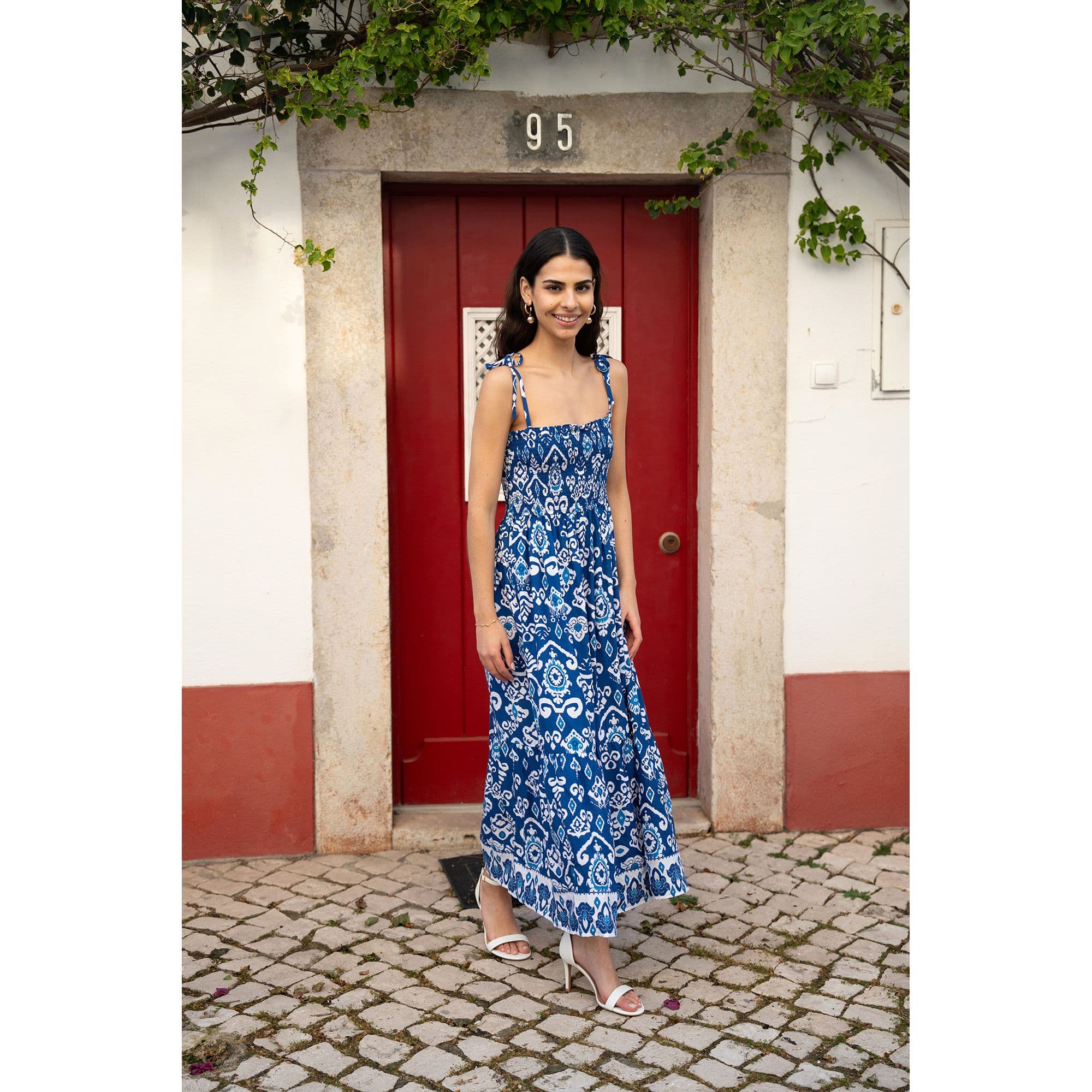 Blue Ikat Print Midi Sun Dress
