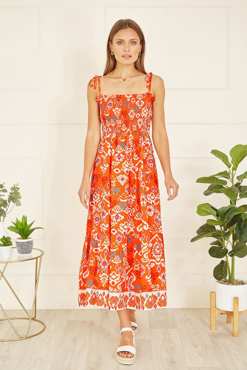 Orange Ikat Print Midi Sun Dress